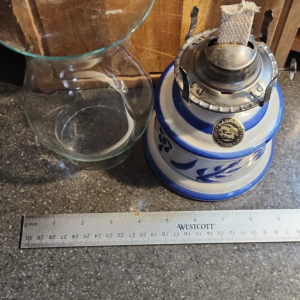 Vintage Lamplight blue ceramic oil lamp with wick and glass toper